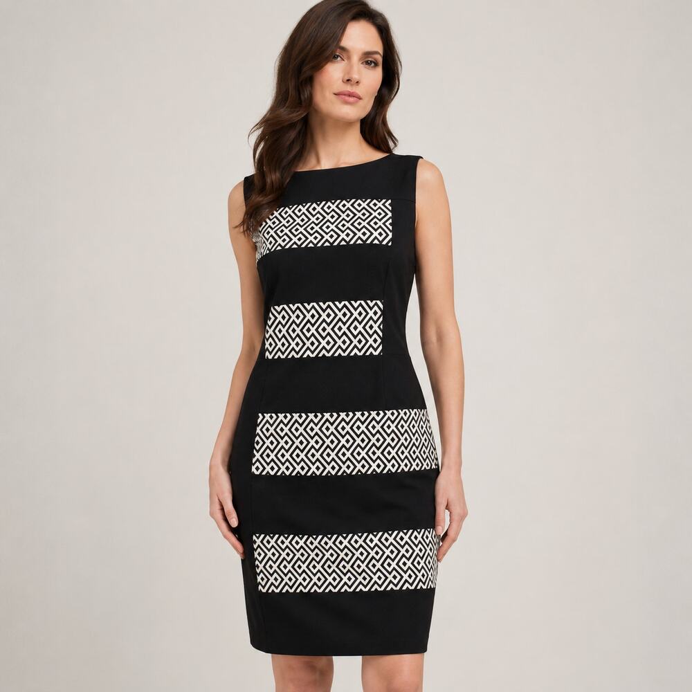 Joseph Ribkoff Sleeveless Sheath Dress Black White Geo Panel Size 8